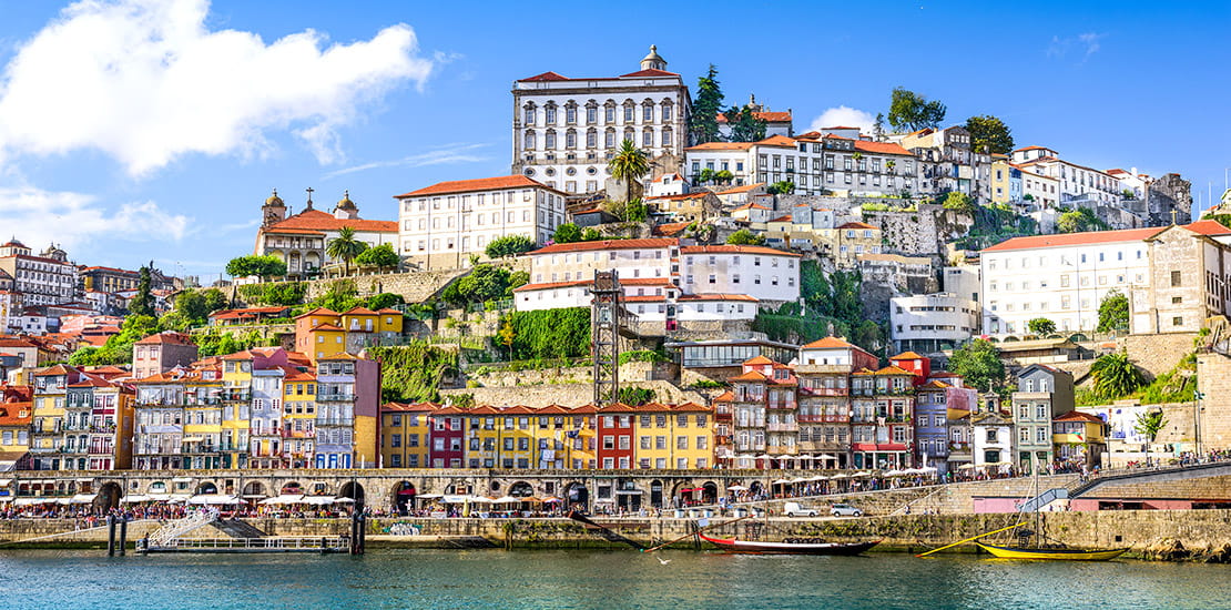 A view of the riverside buildings in Oporto, Portugal
